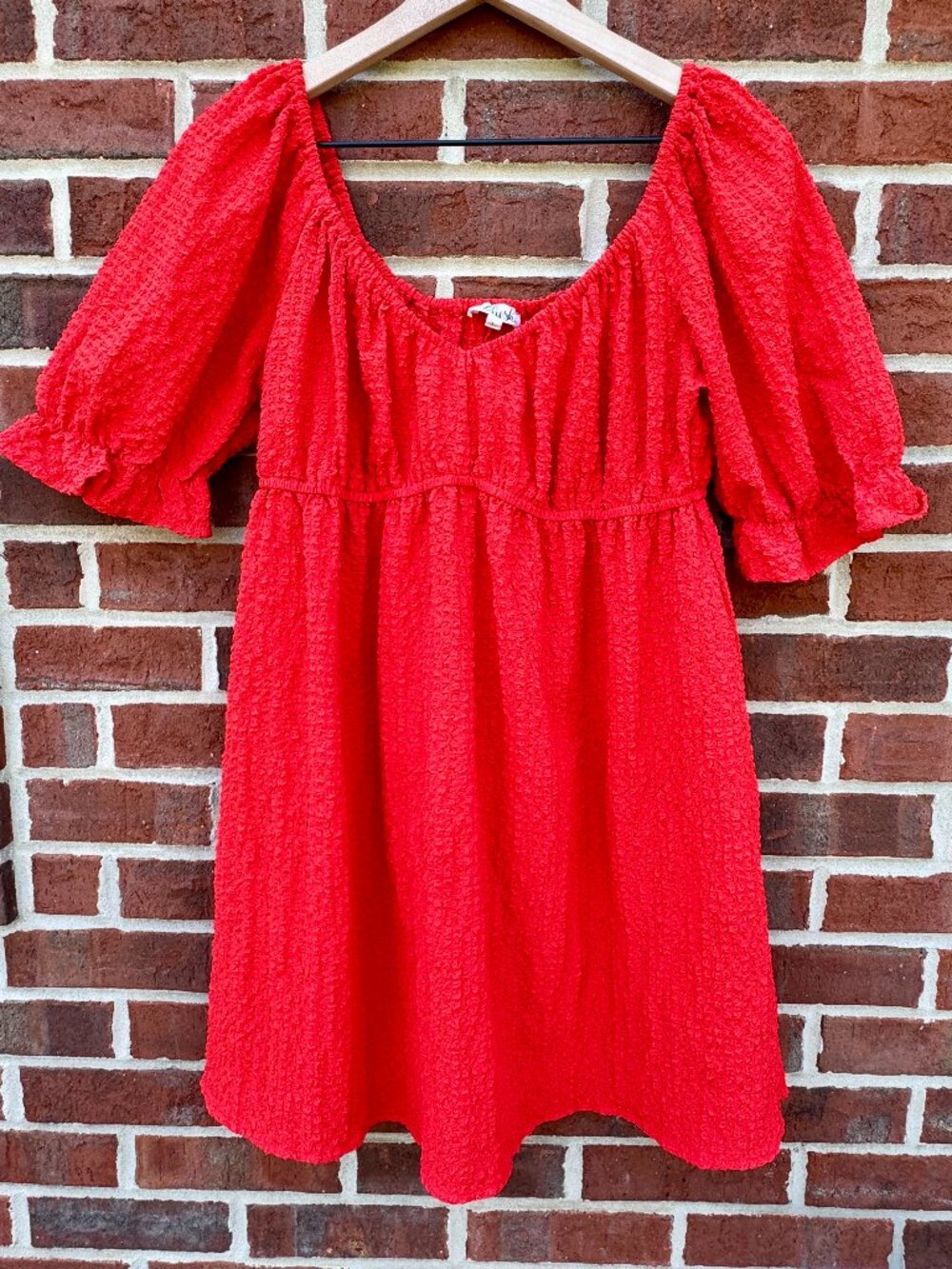 Hint of Blush Textured Mini Babydoll Dress Large Red Orange Puff Sleeves